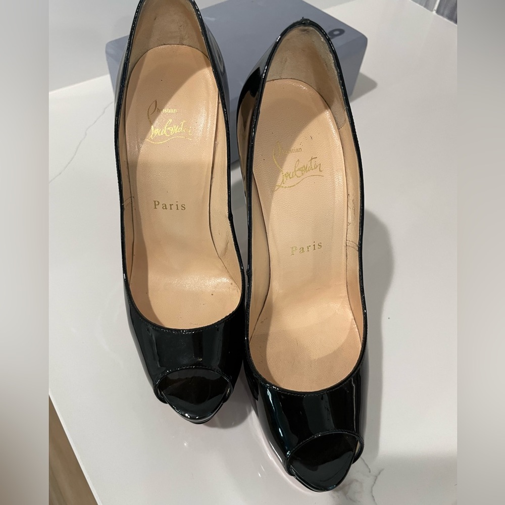 Christian Louboutin Lady Peep 100 Black Patent Leather Open Toe Heels - Size 6.5